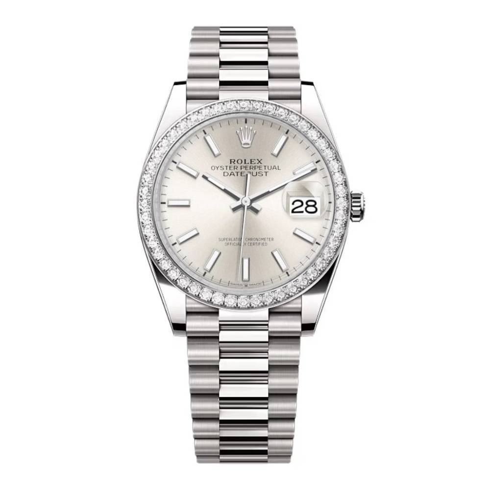 Rolex Lady-Datejust 28mm - Ref: 279136RBR sip - Silver Stick Dial & Diamond Bezel, Platinum Presidential Bracelet Women's Watch