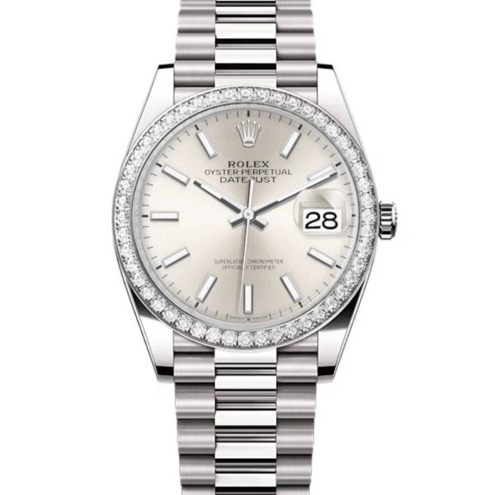 Rolex Lady-Datejust 28mm - Ref: 279136RBR sip - Silver Stick Dial & Diamond Bezel, Platinum Presidential Bracelet Women's Watch