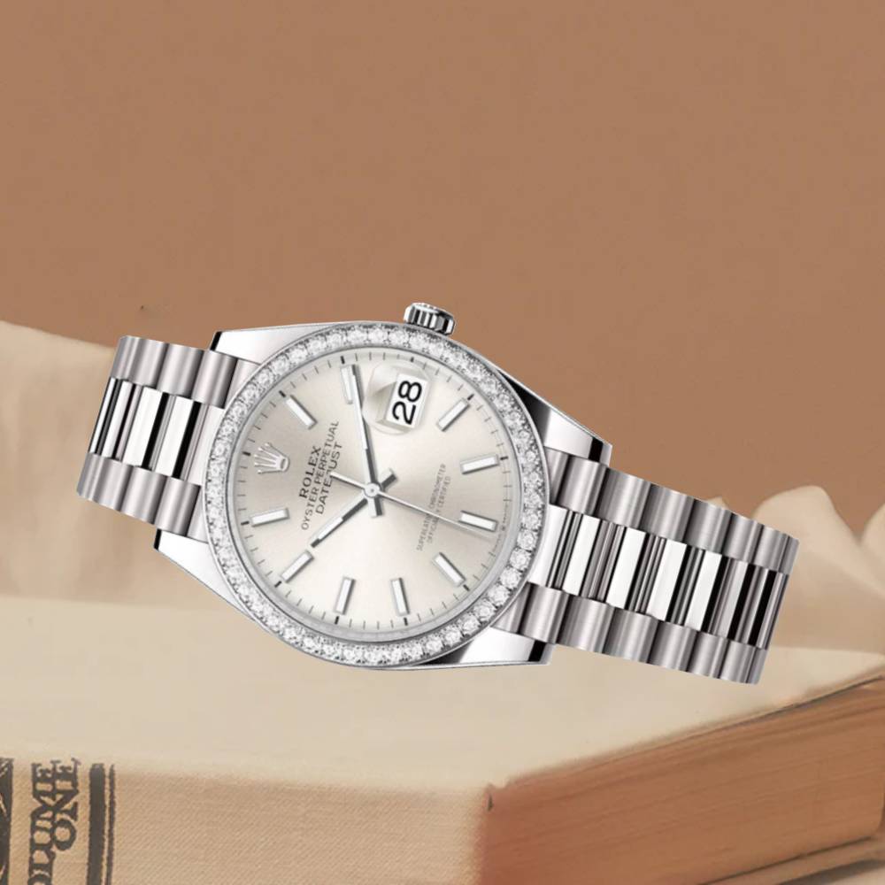 Rolex Lady-Datejust 28mm - Ref: 279136RBR sip - Silver Stick Dial & Diamond Bezel, Platinum Presidential Bracelet Women's Watch