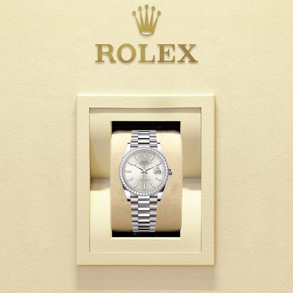 Rolex Lady-Datejust 28mm - Ref: 279136RBR sip - Silver Stick Dial & Diamond Bezel, Platinum Presidential Bracelet Women's Watch