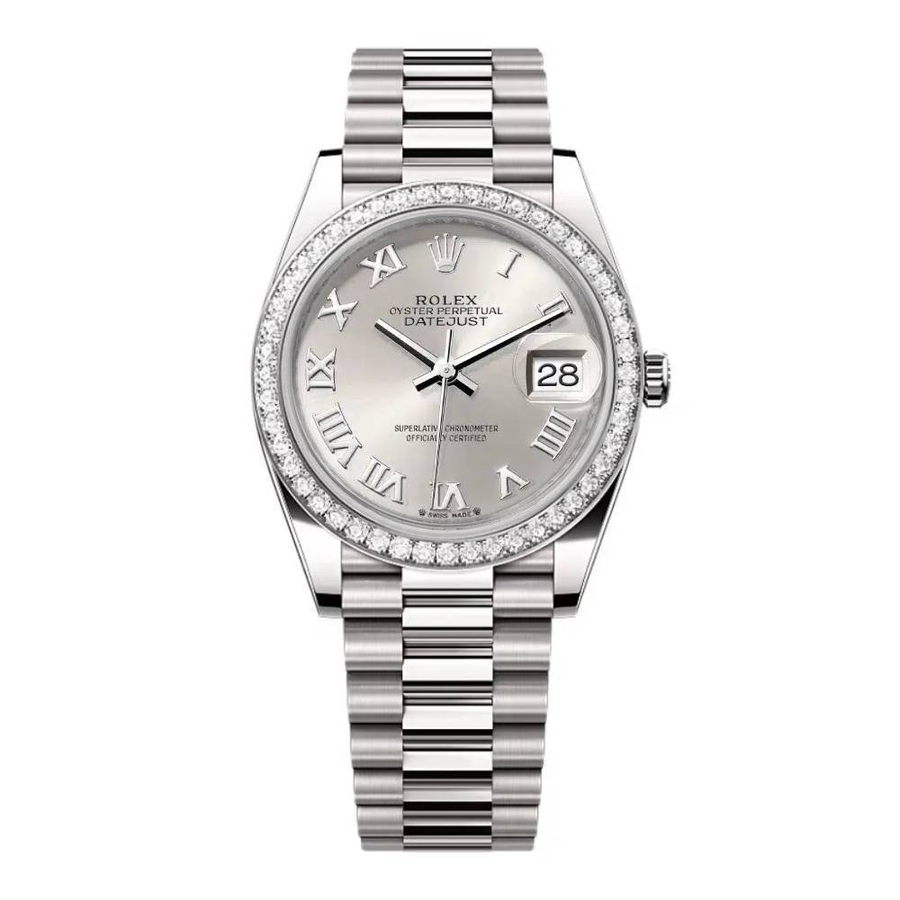 Rolex Lady-Datejust 28mm - Ref: 279136RBR srp - Silver Roman Dial & Diamond Bezel, Platinum Presidential Bracelet Women's Watch