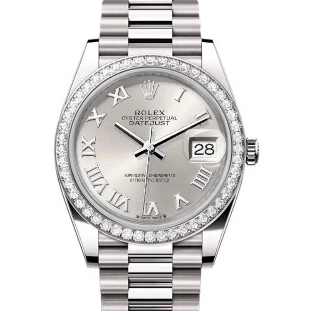 Rolex Lady-Datejust 28mm - Ref: 279136RBR srp - Silver Roman Dial & Diamond Bezel, Platinum Presidential Bracelet Women's Watch