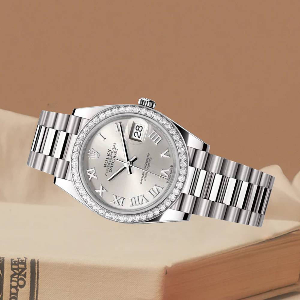 Rolex Lady-Datejust 28mm - Ref: 279136RBR srp - Silver Roman Dial & Diamond Bezel, Platinum Presidential Bracelet Women's Watch