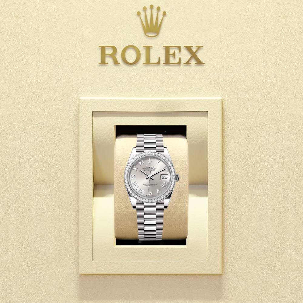 Rolex Lady-Datejust 28mm - Ref: 279136RBR srp - Silver Roman Dial & Diamond Bezel, Platinum Presidential Bracelet Women's Watch