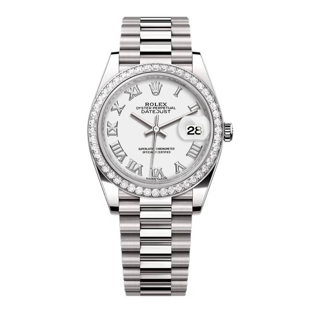 Rolex Lady-Datejust 28mm - Ref: 279136RBR wrp - White Roman Dial & Diamond Bezel, Platinum Presidential Bracelet Women's Watch