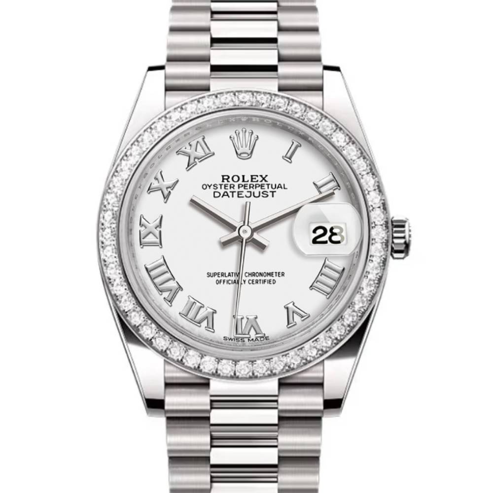 Rolex Lady-Datejust 28mm - Ref: 279136RBR wrp - White Roman Dial & Diamond Bezel, Platinum Presidential Bracelet Women's Watch