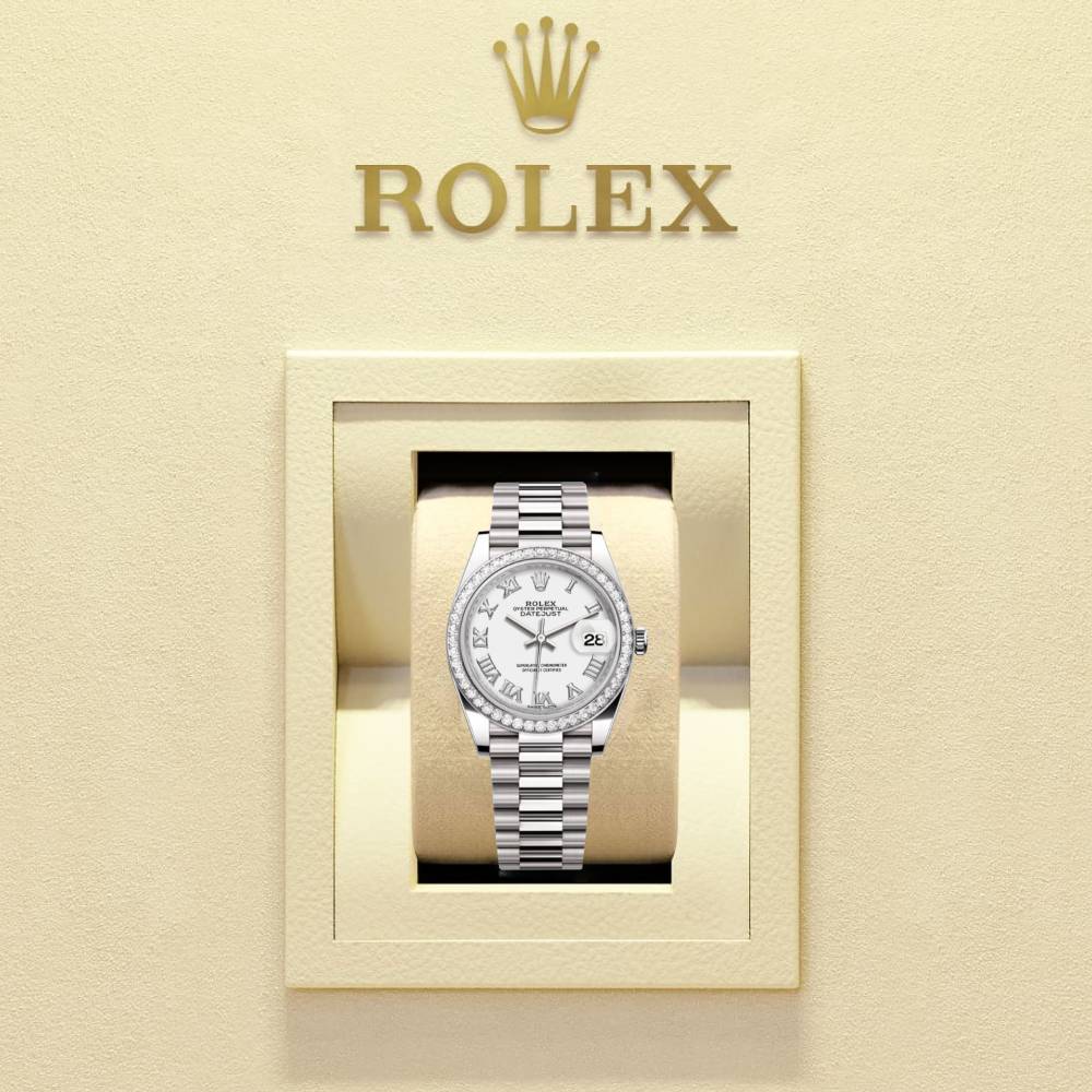 Rolex Lady-Datejust 28mm - Ref: 279136RBR wrp - White Roman Dial & Diamond Bezel, Platinum Presidential Bracelet Women's Watch