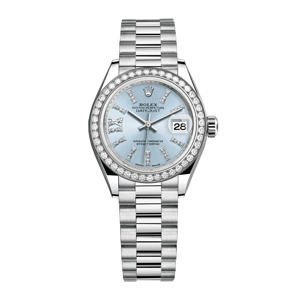 Rolex Lady-Datejust 28mm - Ref: 279136rbr-0001 - Ice Blue Diamond Dial & Diamond Bezel, 18K White Gold Presidential Bracelet Women's Watch