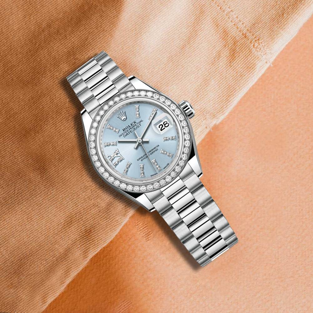 Rolex Lady-Datejust 28mm - Ref: 279136rbr-0001 - Ice Blue Diamond Dial & Diamond Bezel, 18K White Gold Presidential Bracelet Women's Watch