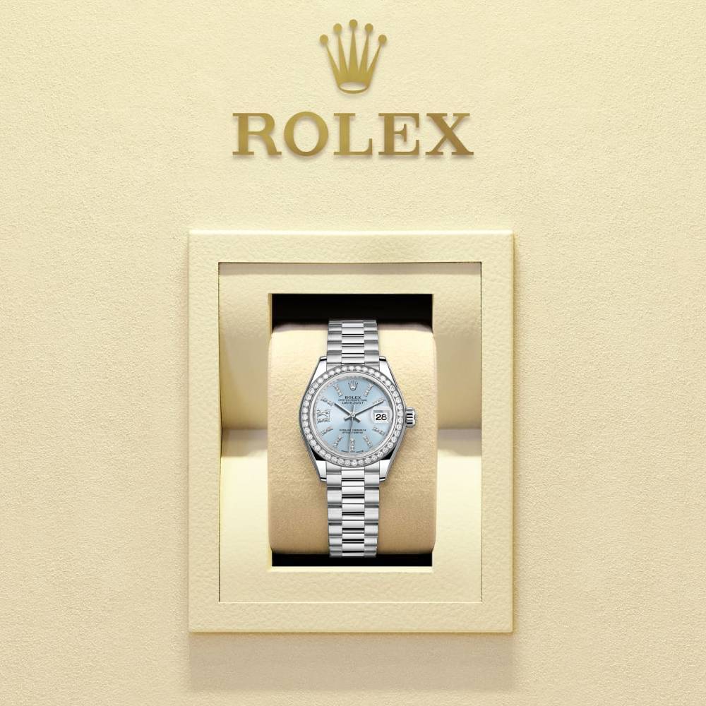 Rolex Lady-Datejust 28mm - Ref: 279136rbr-0001 - Ice Blue Diamond Dial & Diamond Bezel, 18K White Gold Presidential Bracelet Women's Watch