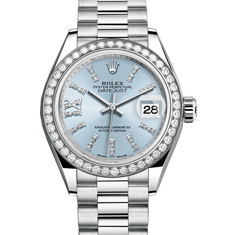 Rolex Lady-Datejust 28mm - Ref: 279136rbr-0001 - Ice Blue Diamond Dial & Diamond Bezel, 18K White Gold Presidential Bracelet Women's Watch