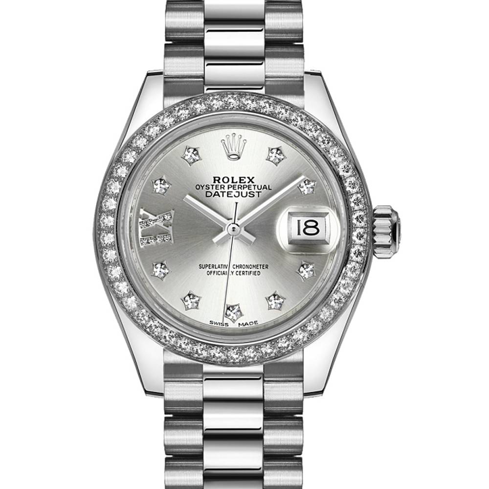 Rolex Lady-Datejust 28mm - Ref: 279136rbr-0003 - Silver Diamond Dial & Diamond Bezel, 18K White Gold Presidential Bracelet Women's Watch