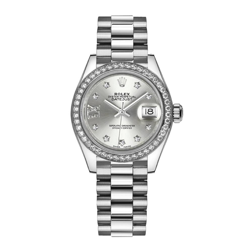 Rolex Lady-Datejust 28mm - Ref: 279136rbr-0003 - Silver Diamond Dial & Diamond Bezel, 18K White Gold Presidential Bracelet Women's Watch