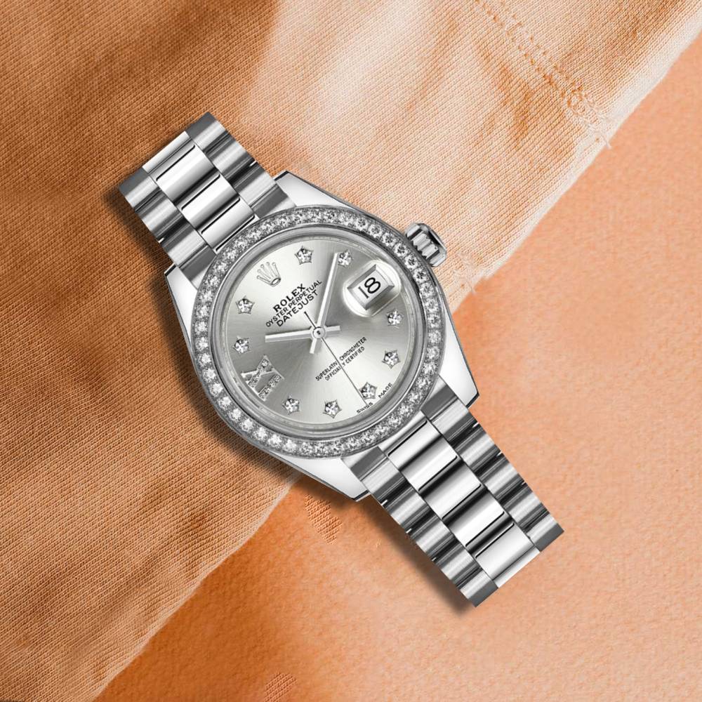 Rolex Lady-Datejust 28mm - Ref: 279136rbr-0003 - Silver Diamond Dial & Diamond Bezel, 18K White Gold Presidential Bracelet Women's Watch