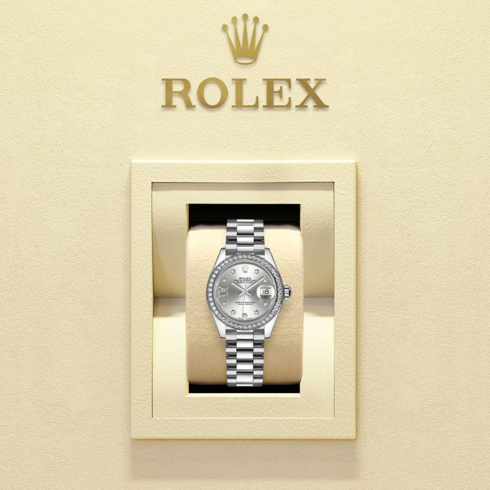 Rolex Lady-Datejust 28mm - Ref: 279136rbr-0003 - Silver Diamond Dial & Diamond Bezel, 18K White Gold Presidential Bracelet Women's Watch