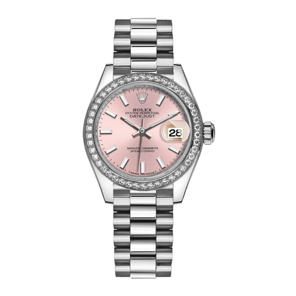 Rolex Lady-Datejust 28mm - Ref: 279136rbr-0004 - Pink Dial & Diamond Bezel, 18K White Gold Presidential Bracelet Women's Watch