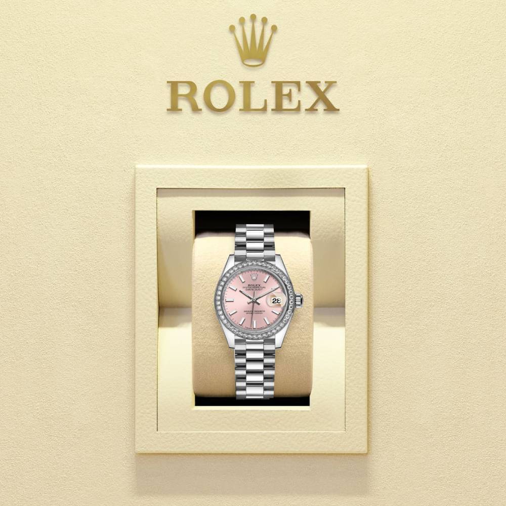 Rolex Lady-Datejust 28mm - Ref: 279136rbr-0004 - Pink Dial & Diamond Bezel, 18K White Gold Presidential Bracelet Women's Watch