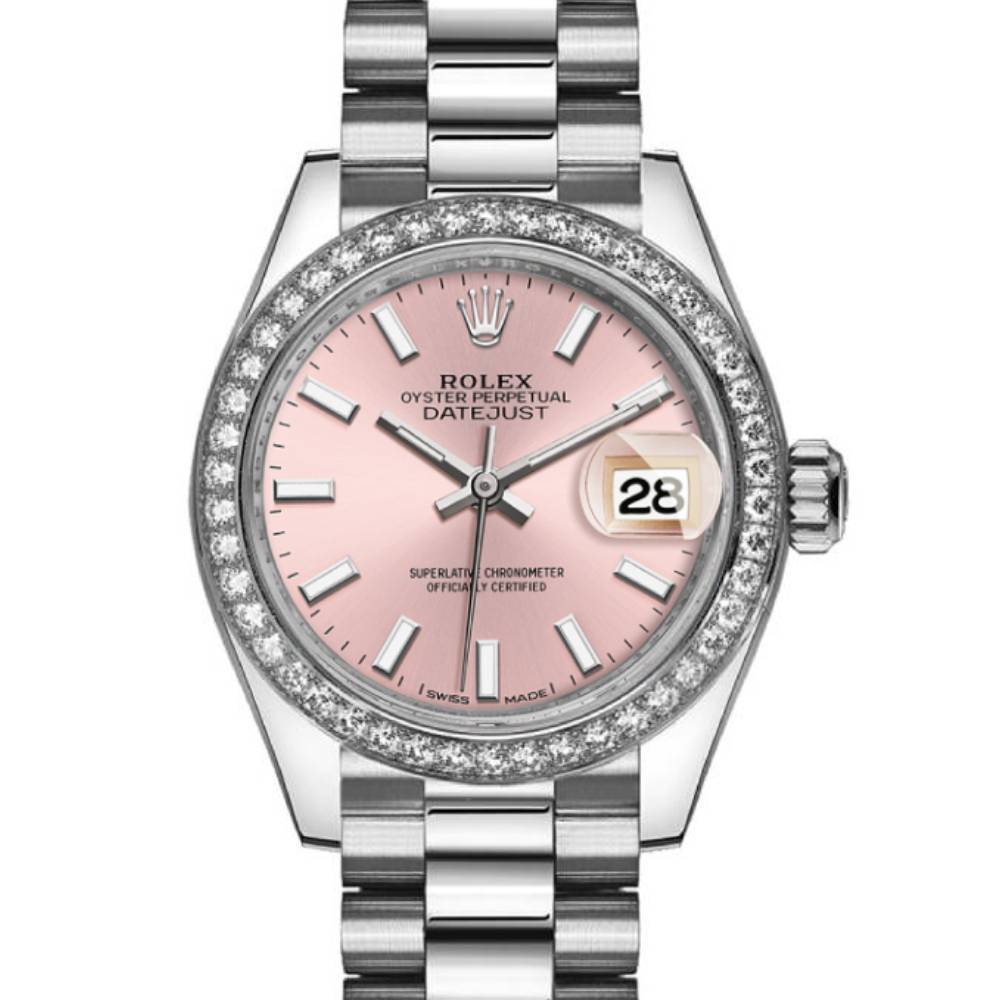 Rolex Lady-Datejust 28mm - Ref: 279136rbr-0004 - Pink Dial & Diamond Bezel, 18K White Gold Presidential Bracelet Women's Watch