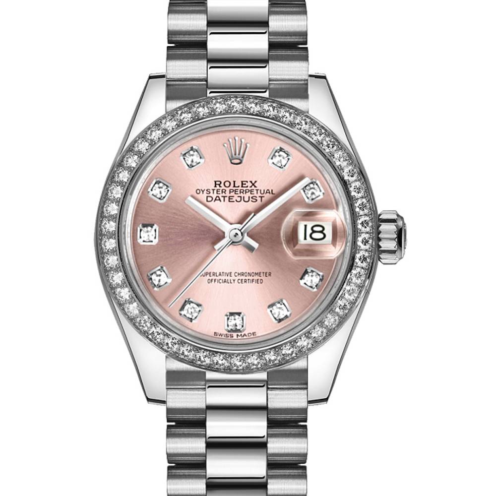 Rolex Lady-Datejust 28mm - Ref: 279136rbr-0005 - Pink Diamond Dial & Diamond Bezel, 18K White Gold Presidential Bracelet Women's Watch