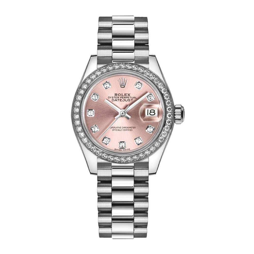 Rolex Lady-Datejust 28mm - Ref: 279136rbr-0005 - Pink Diamond Dial & Diamond Bezel, 18K White Gold Presidential Bracelet Women's Watch