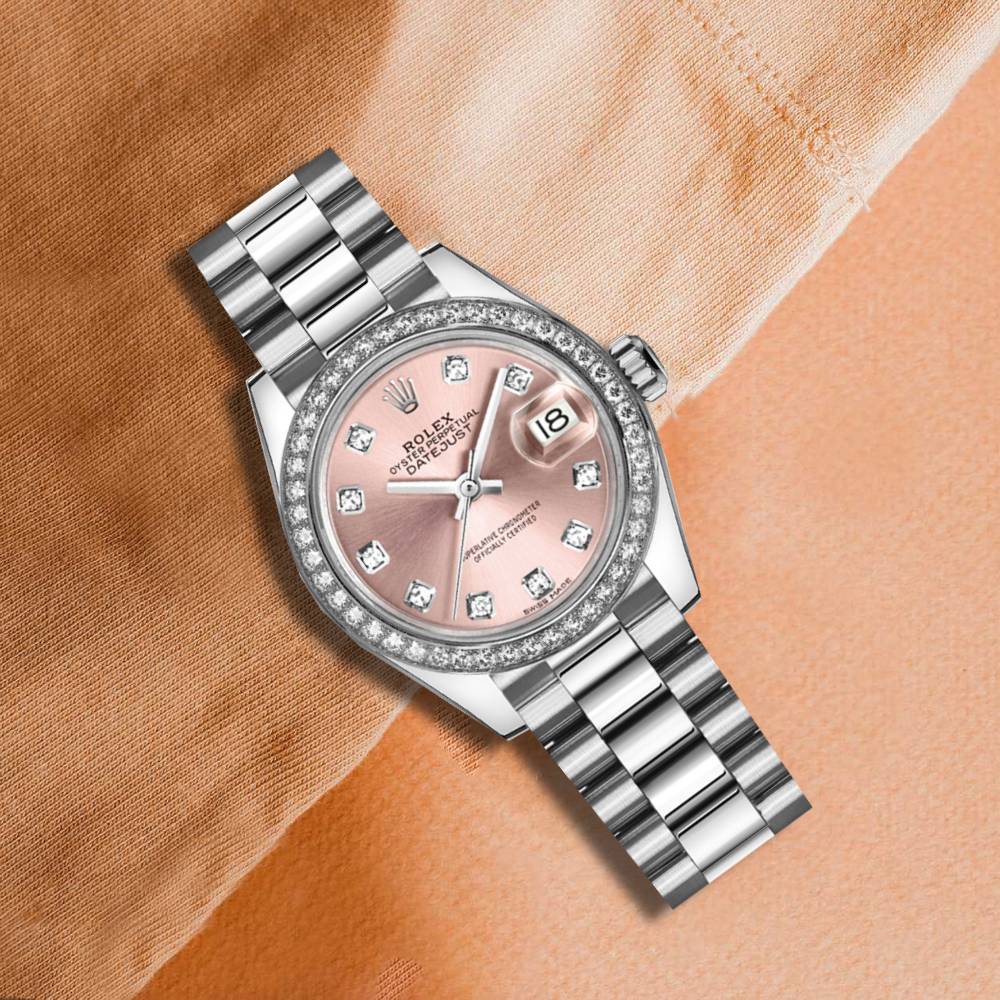 Rolex Lady-Datejust 28mm - Ref: 279136rbr-0005 - Pink Diamond Dial & Diamond Bezel, 18K White Gold Presidential Bracelet Women's Watch