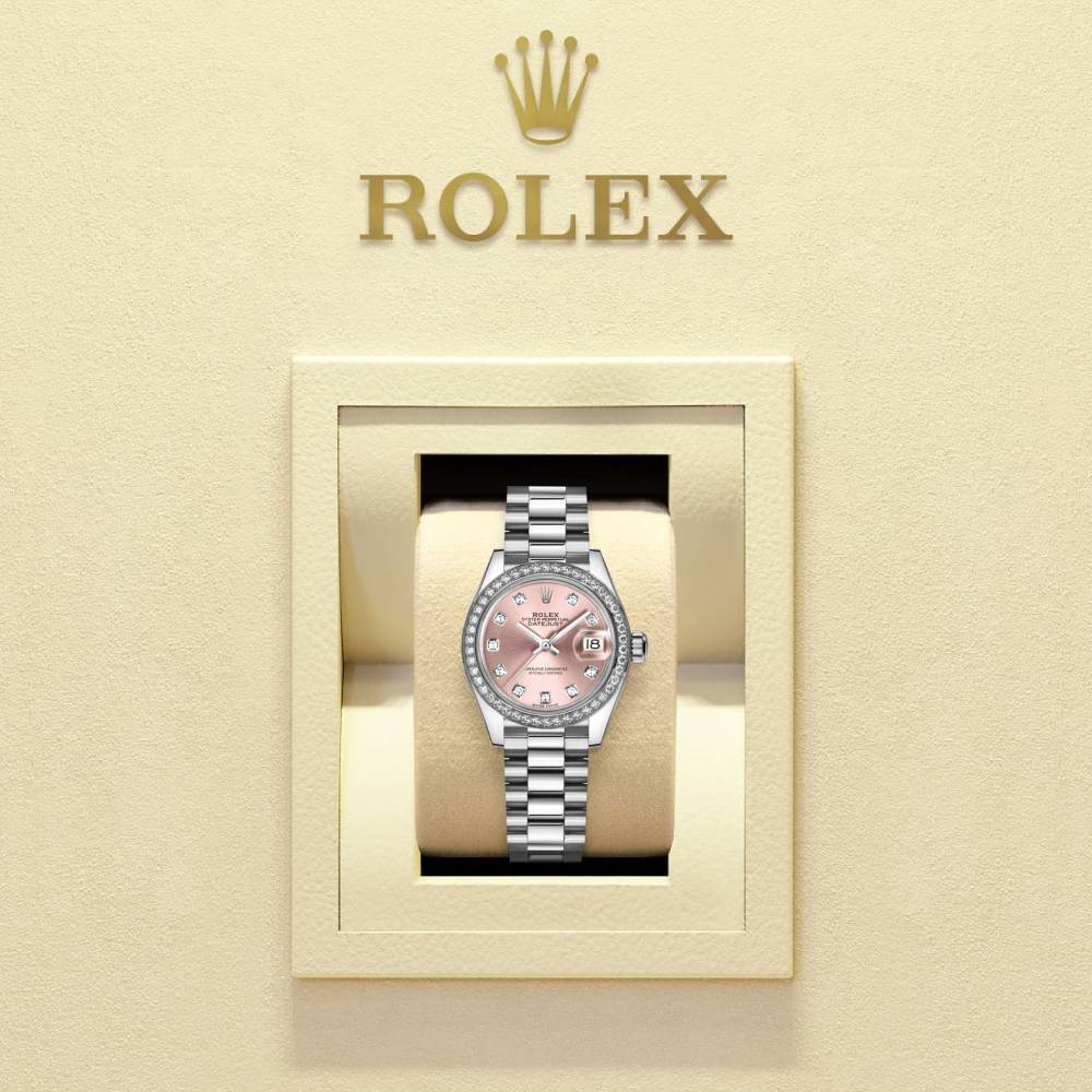 Rolex Lady-Datejust 28mm - Ref: 279136rbr-0005 - Pink Diamond Dial & Diamond Bezel, 18K White Gold Presidential Bracelet Women's Watch