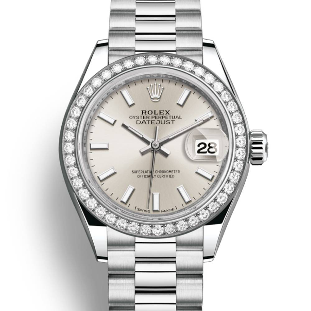 Rolex Lady-Datejust 28mm - Ref: 279136rbr-0006 - Silver Dial & Diamond Bezel, 18K White Gold Presidential Bracelet Women's Watch