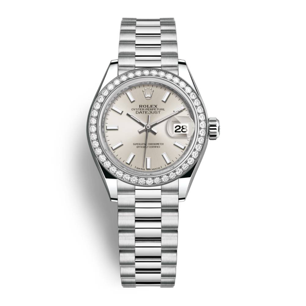 Rolex Lady-Datejust 28mm - Ref: 279136rbr-0006 - Silver Dial & Diamond Bezel, 18K White Gold Presidential Bracelet Women's Watch