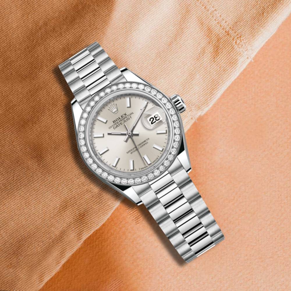 Rolex Lady-Datejust 28mm - Ref: 279136rbr-0006 - Silver Dial & Diamond Bezel, 18K White Gold Presidential Bracelet Women's Watch