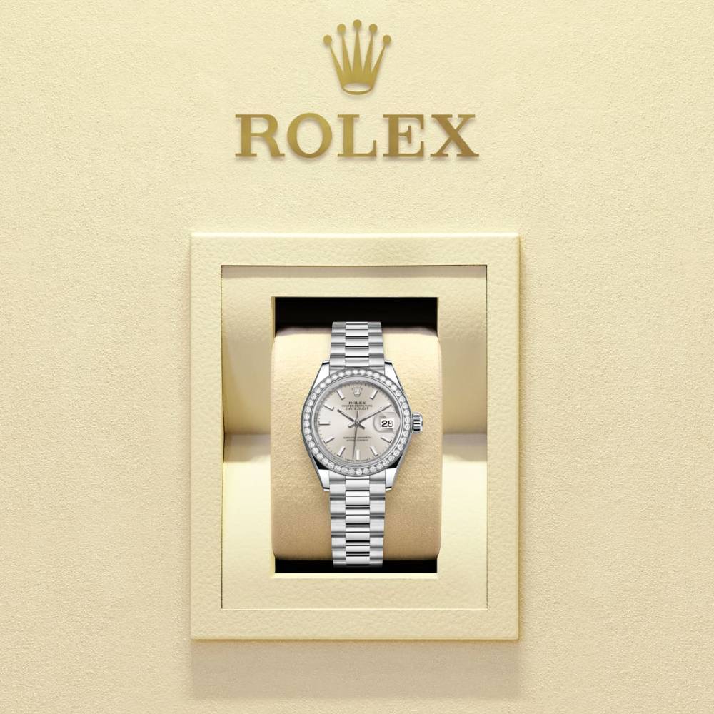 Rolex Lady-Datejust 28mm - Ref: 279136rbr-0006 - Silver Dial & Diamond Bezel, 18K White Gold Presidential Bracelet Women's Watch