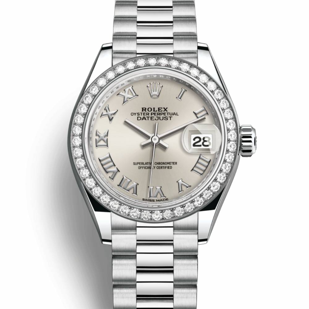 Rolex Lady-Datejust 28mm - Ref: 279136rbr-0007 - Silver Roman Dial & Diamond Bezel, 18K White Gold Presidential Bracelet Women's Watch