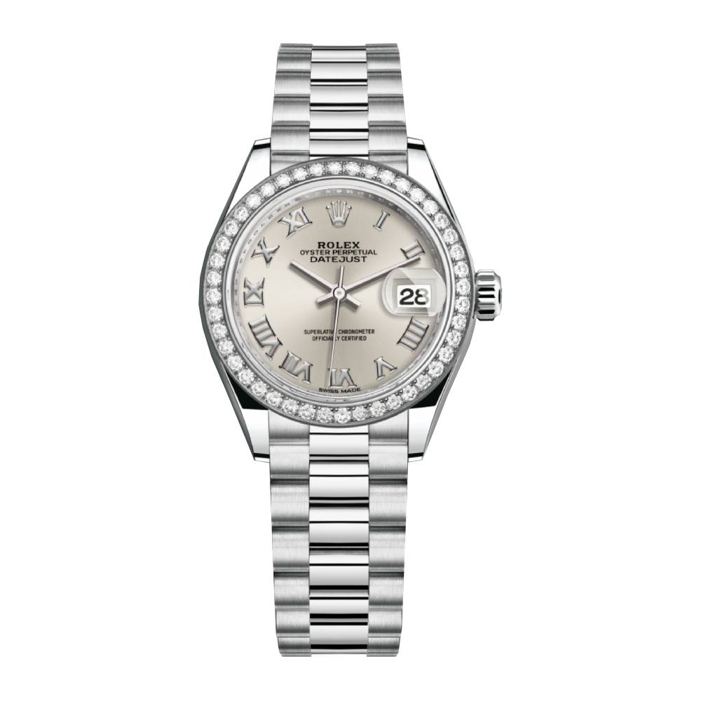 Rolex Lady-Datejust 28mm - Ref: 279136rbr-0007 - Silver Roman Dial & Diamond Bezel, 18K White Gold Presidential Bracelet Women's Watch