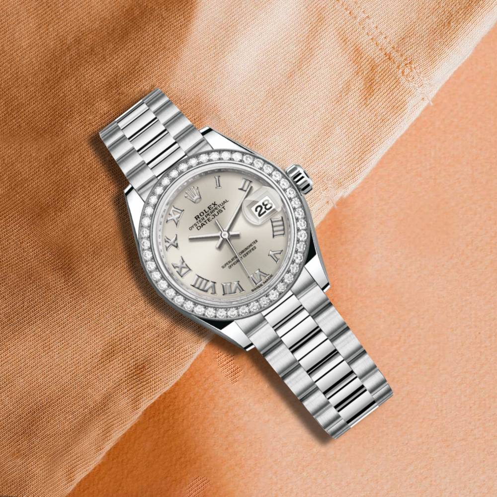 Rolex Lady-Datejust 28mm - Ref: 279136rbr-0007 - Silver Roman Dial & Diamond Bezel, 18K White Gold Presidential Bracelet Women's Watch