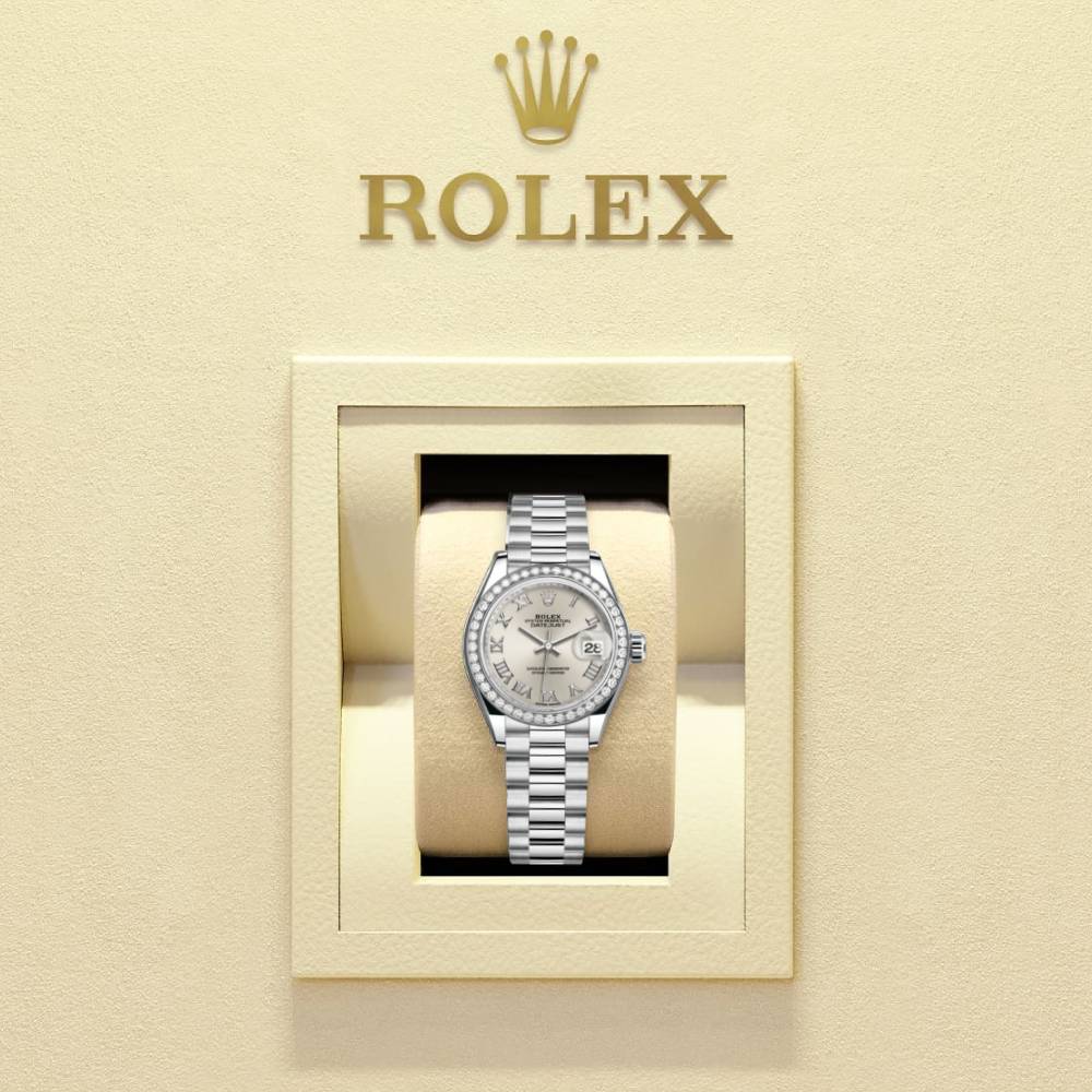 Rolex Lady-Datejust 28mm - Ref: 279136rbr-0007 - Silver Roman Dial & Diamond Bezel, 18K White Gold Presidential Bracelet Women's Watch