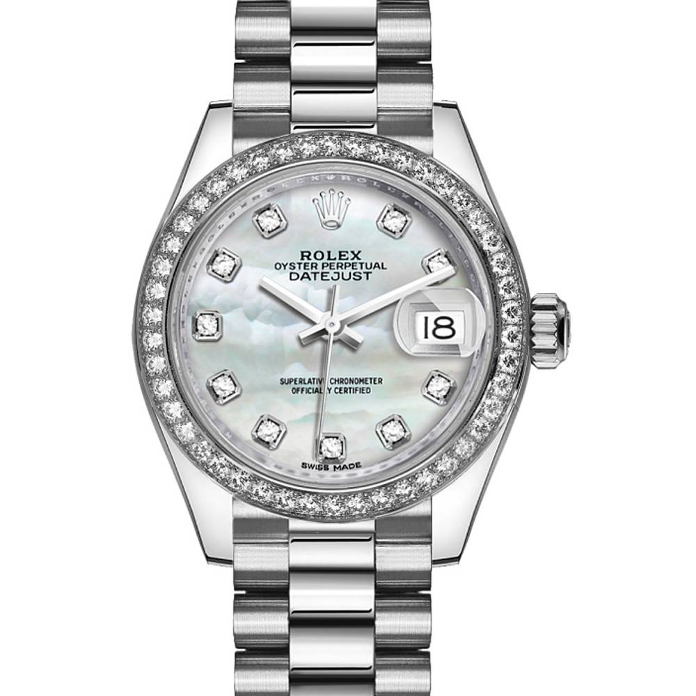 Rolex Lady-Datejust 28mm - Ref: 279136rbr-0008 - White Mother of Pearl Diamond Dial & Diamond Bezel, 18K White Gold Presidential Bracelet Women's Watch