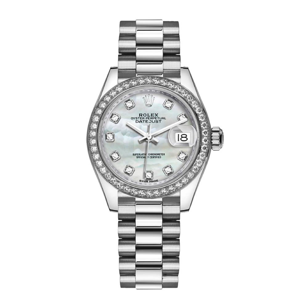 Rolex Lady-Datejust 28mm - Ref: 279136rbr-0008 - White Mother of Pearl Diamond Dial & Diamond Bezel, 18K White Gold Presidential Bracelet Women's Watch