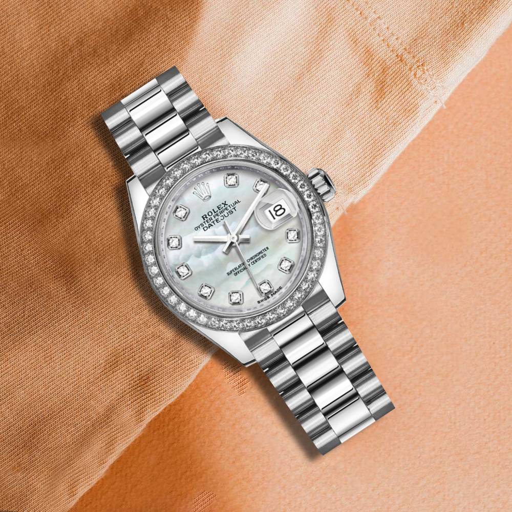 Rolex Lady-Datejust 28mm - Ref: 279136rbr-0008 - White Mother of Pearl Diamond Dial & Diamond Bezel, 18K White Gold Presidential Bracelet Women's Watch