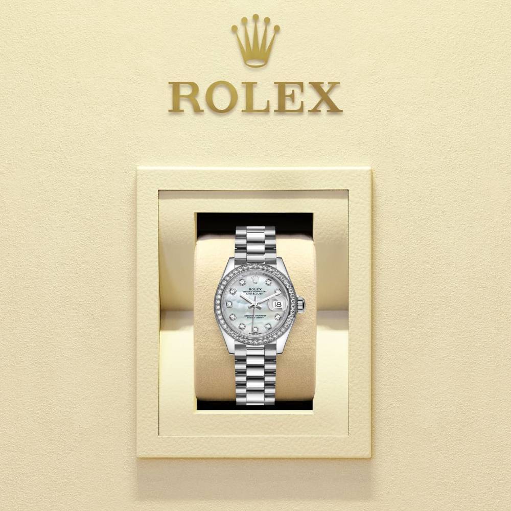 Rolex Lady-Datejust 28mm - Ref: 279136rbr-0008 - White Mother of Pearl Diamond Dial & Diamond Bezel, 18K White Gold Presidential Bracelet Women's Watch