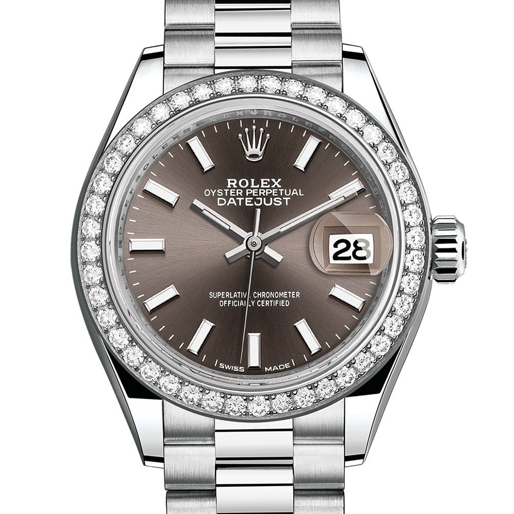 Rolex Lady-Datejust 28mm - Ref: 279136rbr-0009 - Grey Dial & Diamond Bezel, 18K White Gold Presidential Bracelet Women's Watch