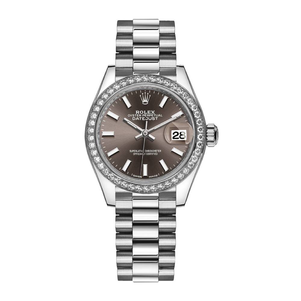 Rolex Lady-Datejust 28mm - Ref: 279136rbr-0009 - Grey Dial & Diamond Bezel, 18K White Gold Presidential Bracelet Women's Watch