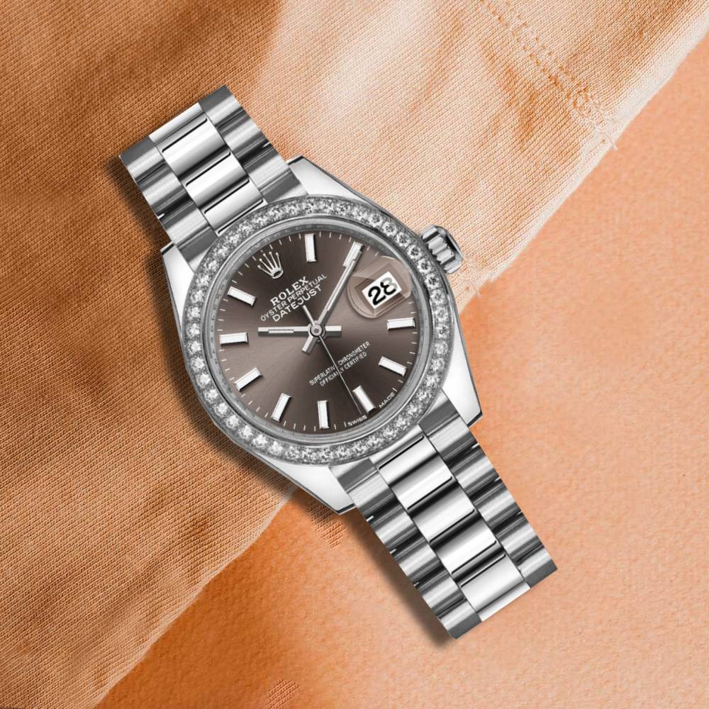 Rolex Lady-Datejust 28mm - Ref: 279136rbr-0009 - Grey Dial & Diamond Bezel, 18K White Gold Presidential Bracelet Women's Watch