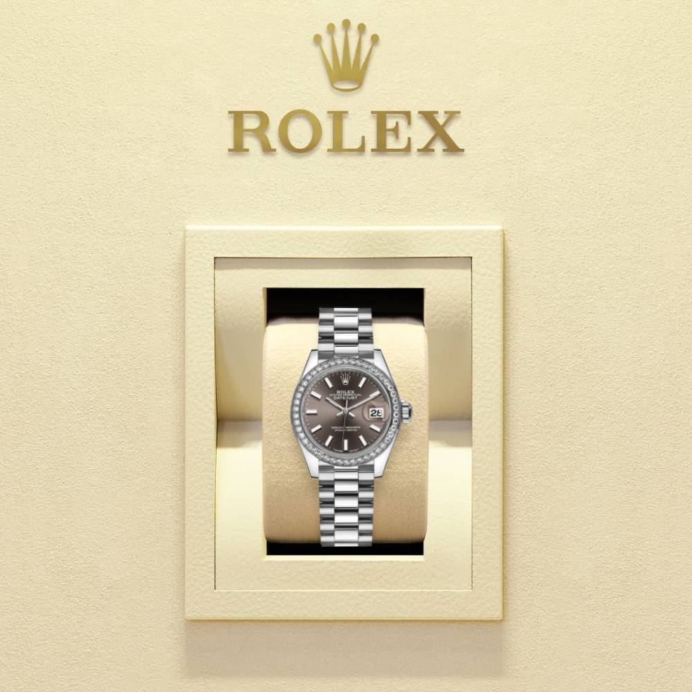 Rolex Lady-Datejust 28mm - Ref: 279136rbr-0009 - Grey Dial & Diamond Bezel, 18K White Gold Presidential Bracelet Women's Watch