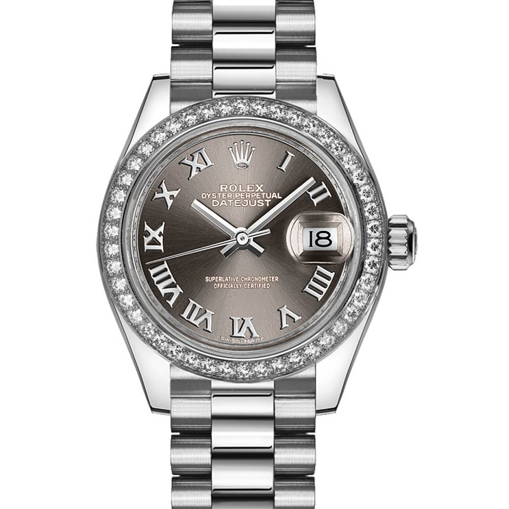 Rolex Lady-Datejust 28mm - Ref: 279136rbr-0010 - Grey Roman Diamond Dial & Diamond Bezel, 18K White Gold Presidential Bracelet Women's Watch