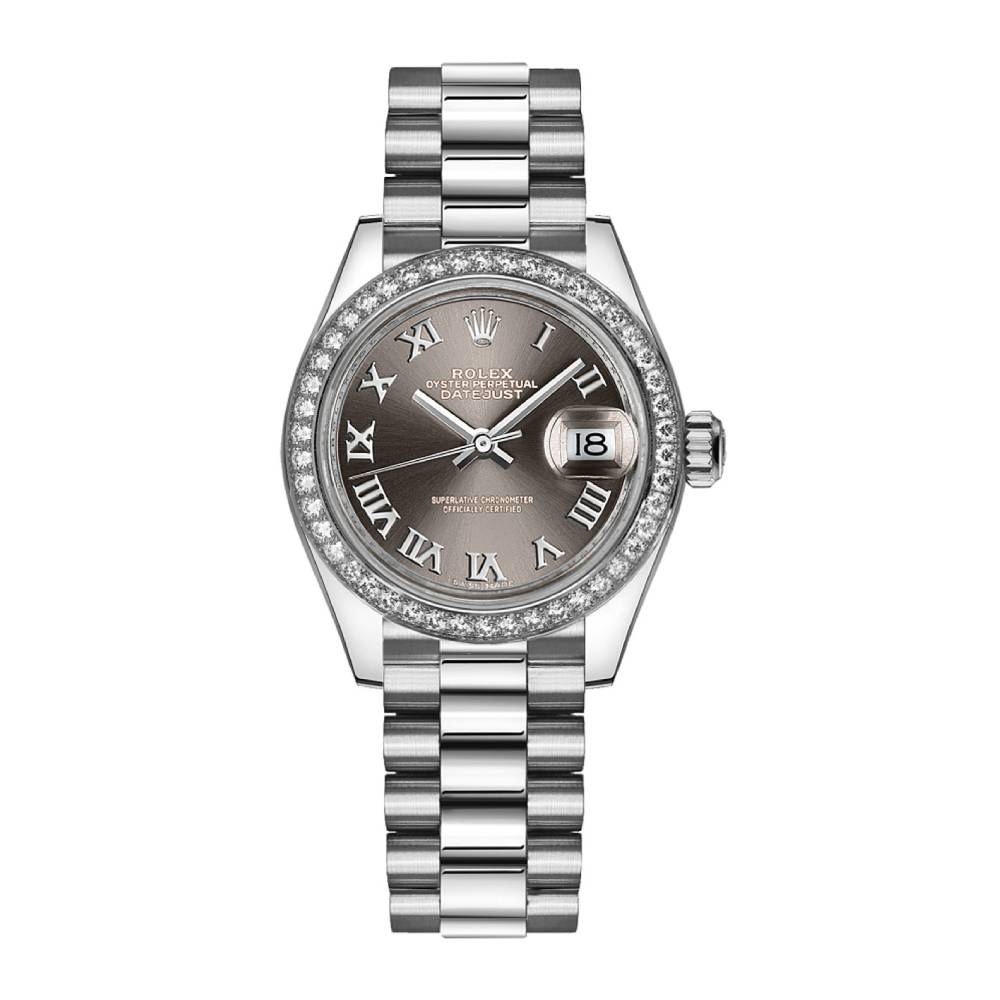 Rolex Lady-Datejust 28mm - Ref: 279136rbr-0010 - Grey Roman Diamond Dial & Diamond Bezel, 18K White Gold Presidential Bracelet Women's Watch