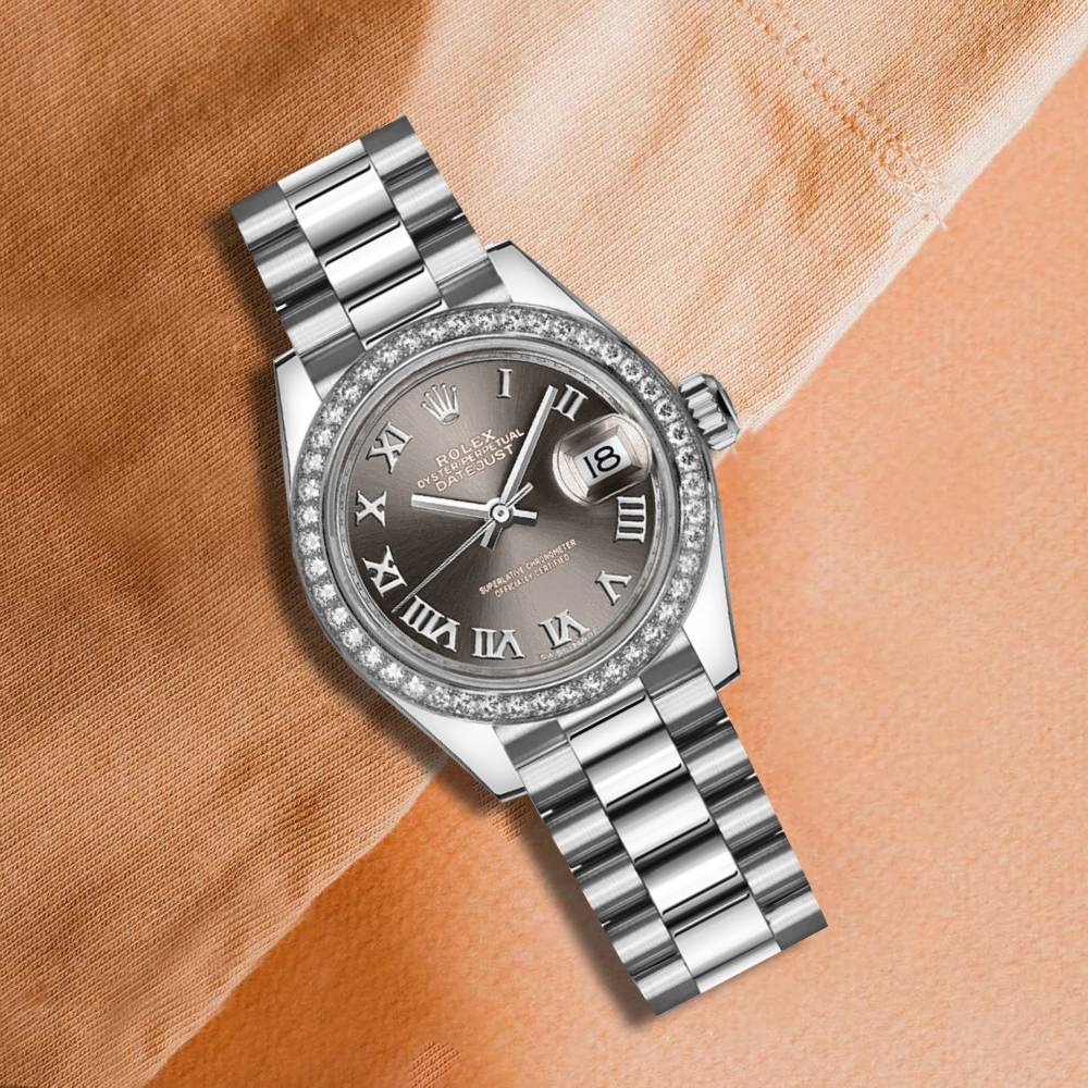 Rolex Lady-Datejust 28mm - Ref: 279136rbr-0010 - Grey Roman Diamond Dial & Diamond Bezel, 18K White Gold Presidential Bracelet Women's Watch