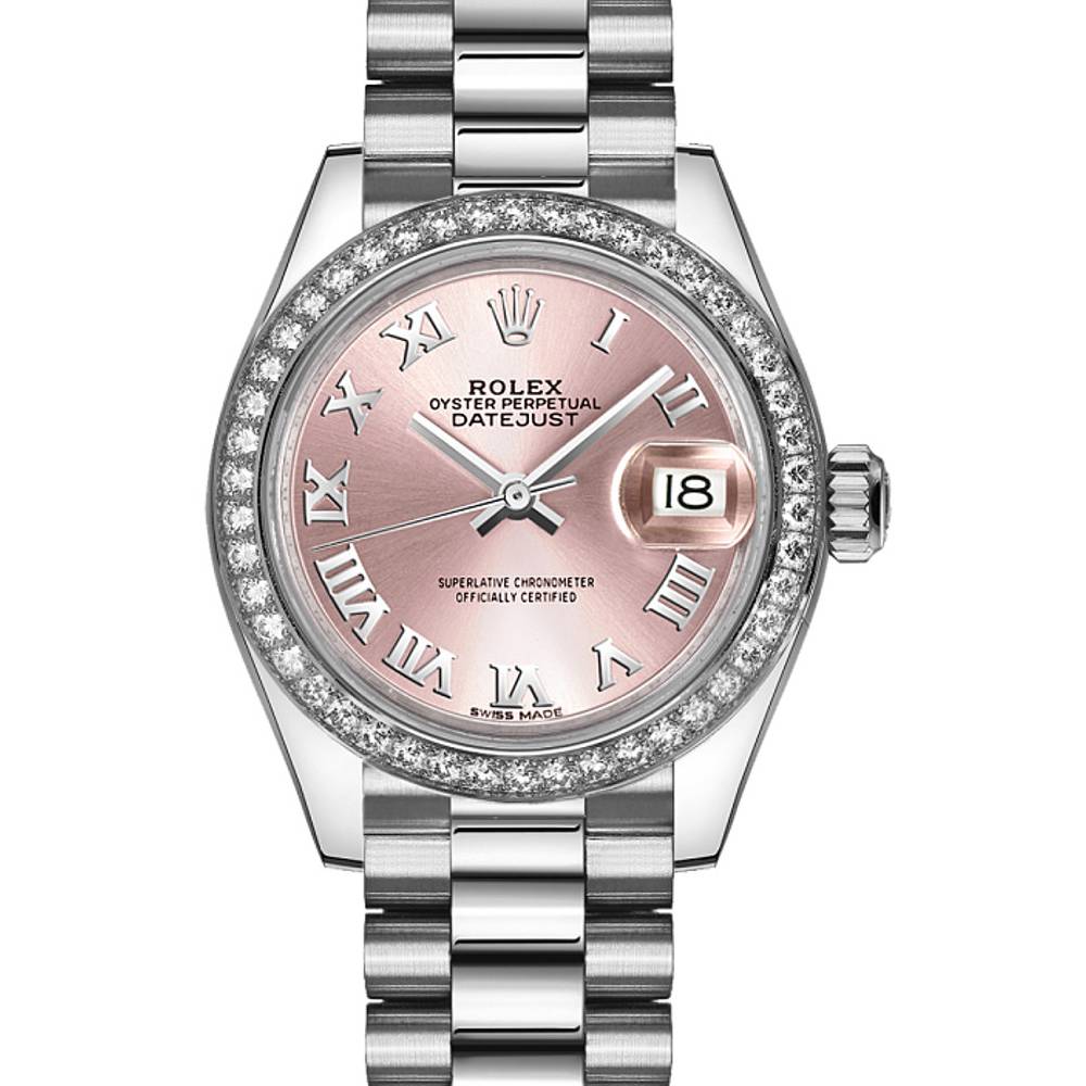 Rolex Lady-Datejust 28mm - Ref: 279136rbr-0012 - Pink Roman Dial & Diamond Bezel, 18K White Gold Presidential Bracelet Women's Watch