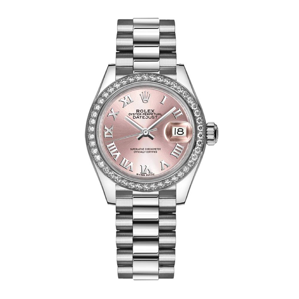 Rolex Lady-Datejust 28mm - Ref: 279136rbr-0012 - Pink Roman Dial & Diamond Bezel, 18K White Gold Presidential Bracelet Women's Watch