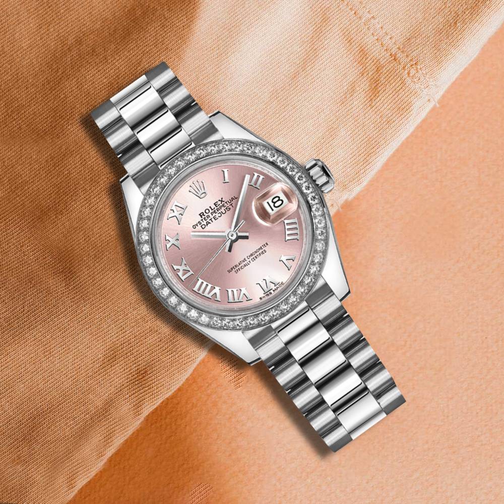 Rolex Lady-Datejust 28mm - Ref: 279136rbr-0012 - Pink Roman Dial & Diamond Bezel, 18K White Gold Presidential Bracelet Women's Watch