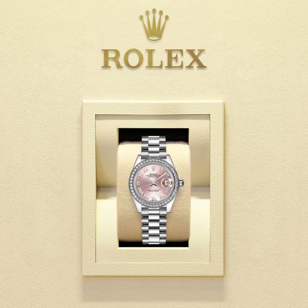 Rolex Lady-Datejust 28mm - Ref: 279136rbr-0012 - Pink Roman Dial & Diamond Bezel, 18K White Gold Presidential Bracelet Women's Watch