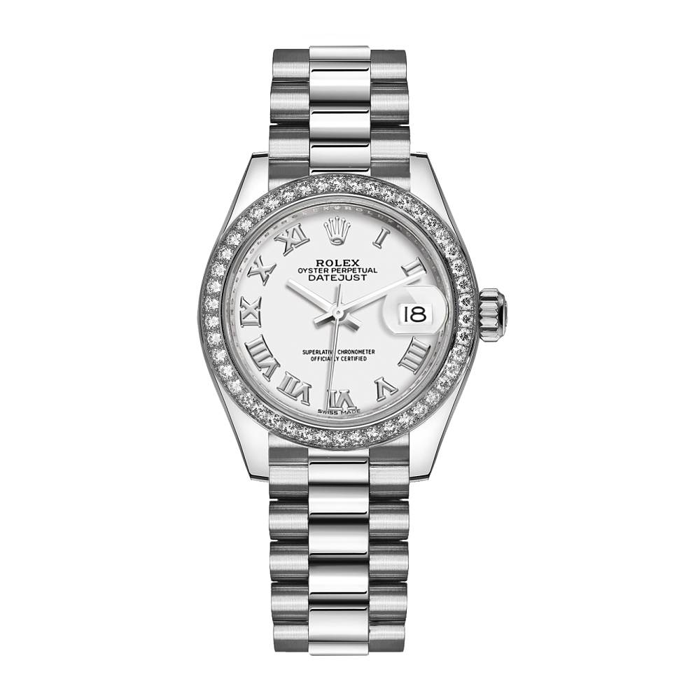 Rolex Lady-Datejust 28mm - Ref: 279136rbr-0013 - White Diamond Dial & Diamond Bezel, 18K White Gold Presidential Bracelet Women's Watch